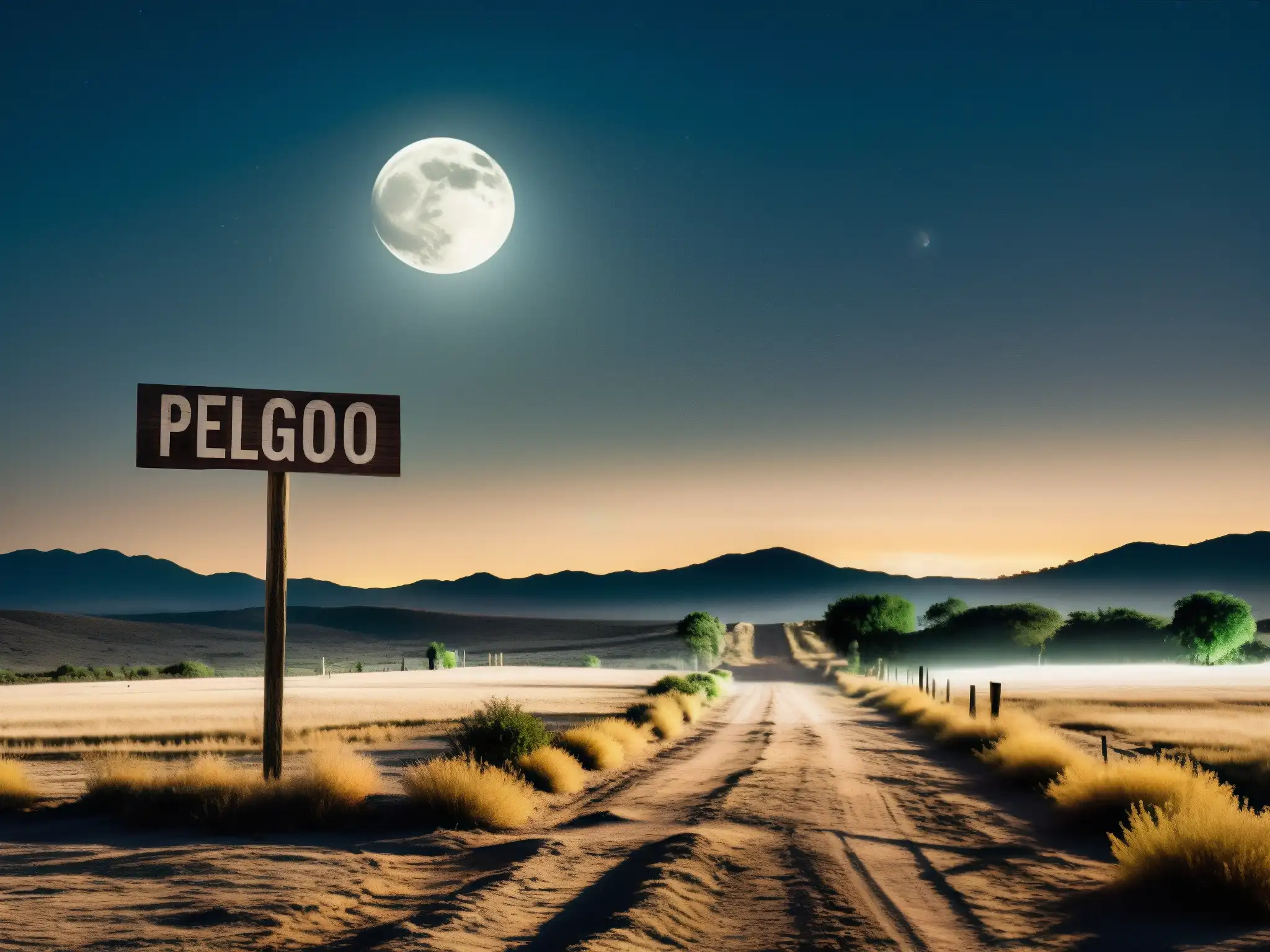 Imagen de un paisaje rural mexicano iluminado por la luna, con neblina y una figura misteriosa a lo lejos