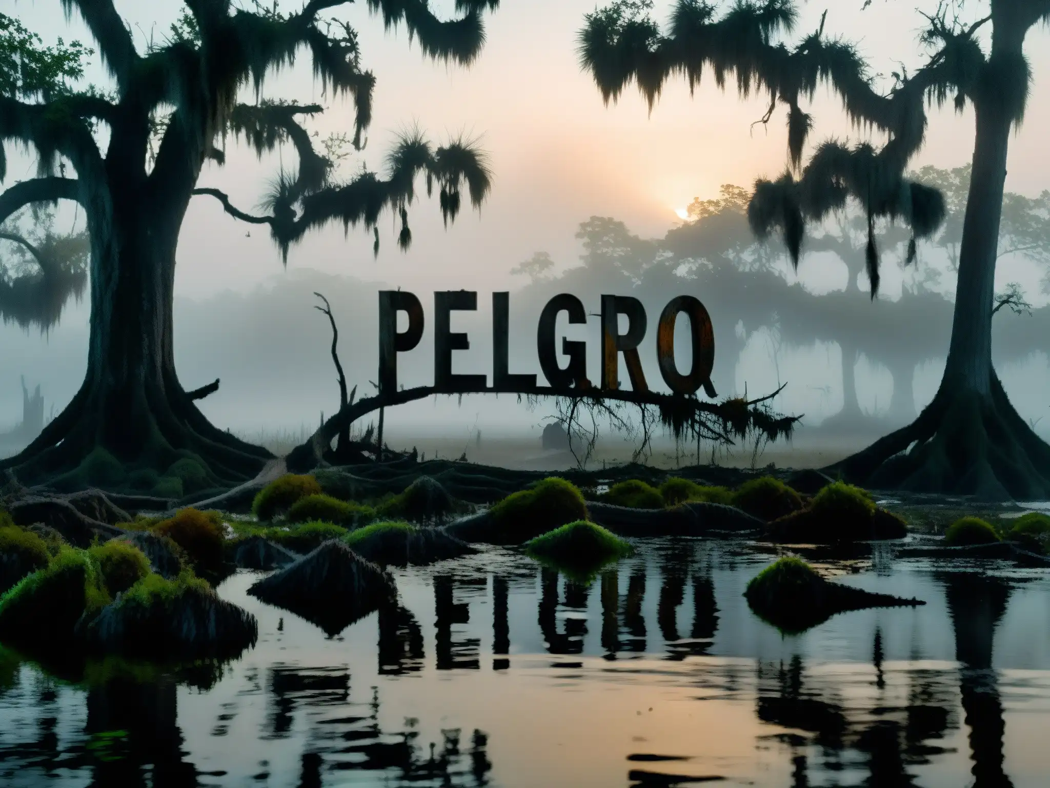 Imagen del pantano al atardecer con árboles retorcidos, musgo y un letrero oxidado que dice 'Peligro: Hombre Caimán'