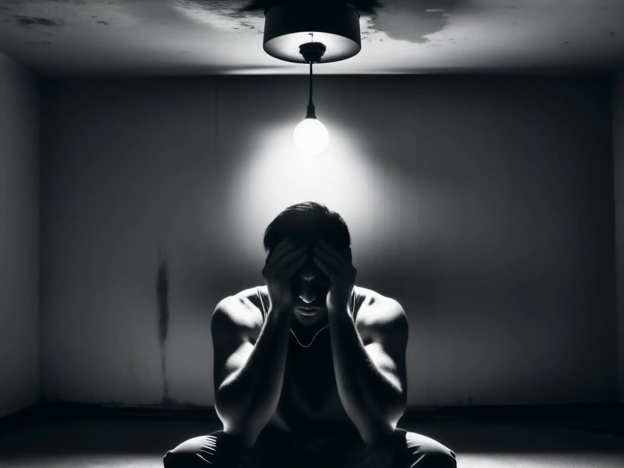 La imagen muestra a una persona sola en una habitación oscura, con expresión de angustia