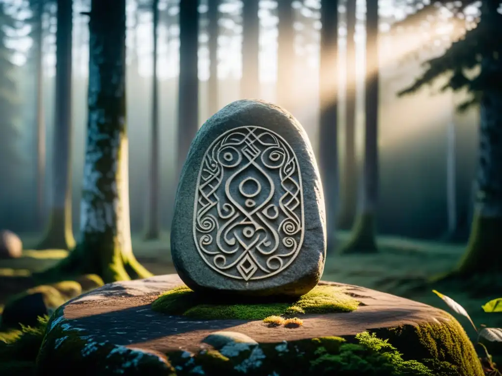 Imagen de una piedra rúnica vikinga en un bosque nórdico brumoso, evocando rituales nórdicos de adivinación y misteriosa sabiduría ancestral