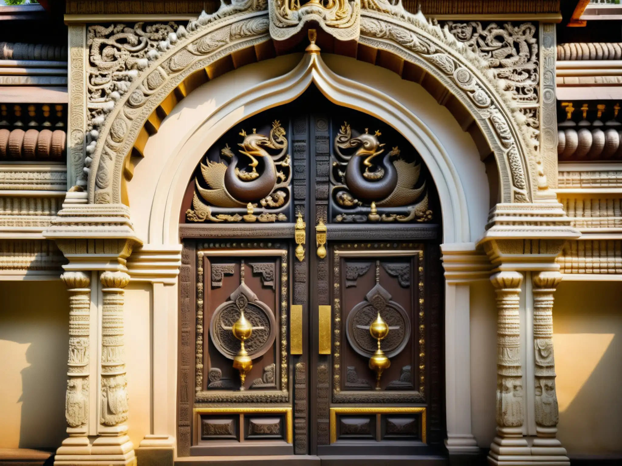 La imagen muestra la puerta detallada del Templo Padmanabhaswamy en Kerala, India, revelando los Secretos del Guardián del Tesoro