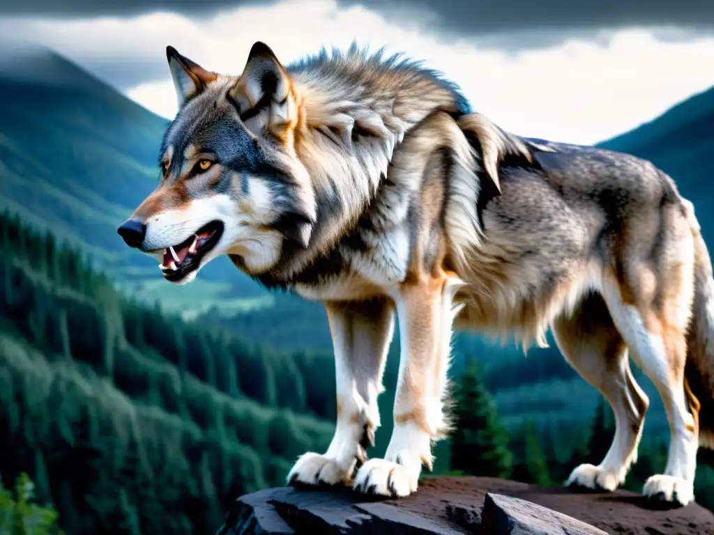 Imagen realista del mito del lobo Fenrir: majestuoso y aterrador, con ojos brillantes, en un paisaje ominoso de bosques y montañas
