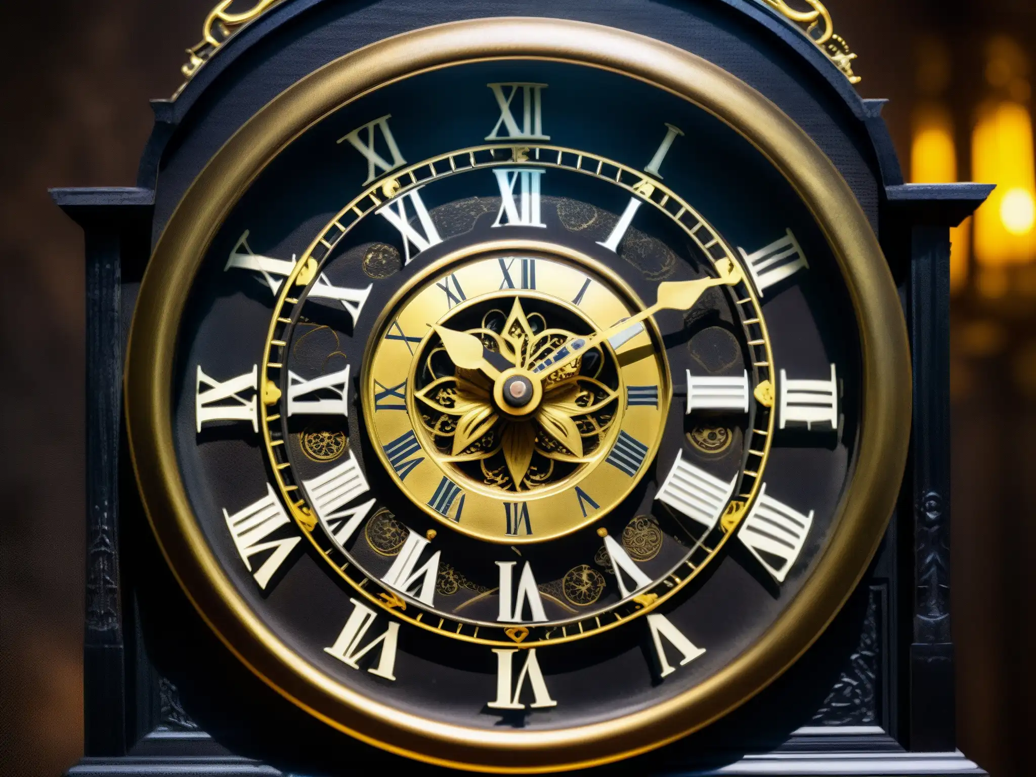 La imagen muestra El Reloj Maldito de Myojin, con engravings dorados y una atmósfera misteriosa en una habitación olvidada