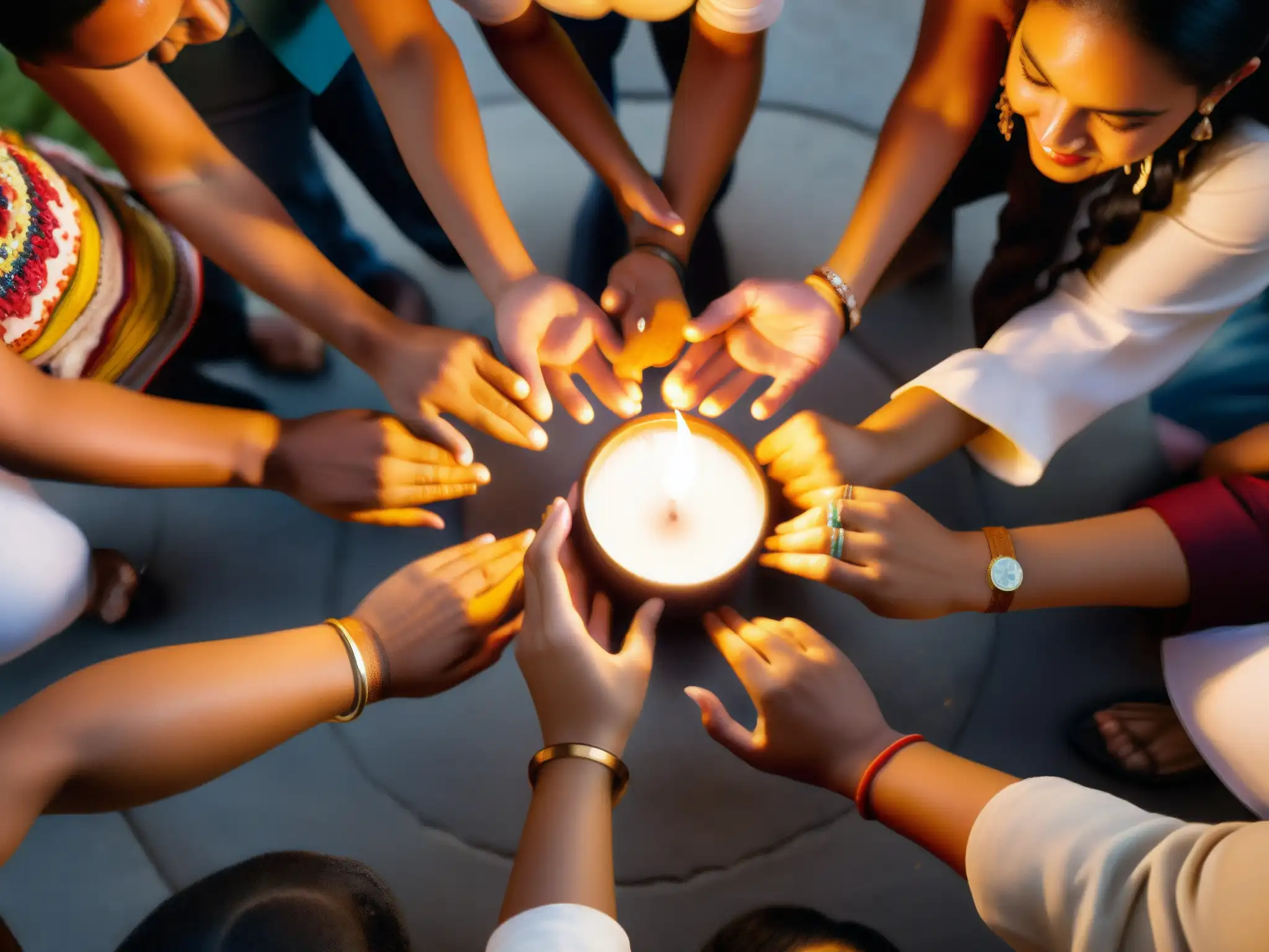 Una imagen de alta resolución de una comunidad hispana reunida en un círculo, participando en un ritual tradicional