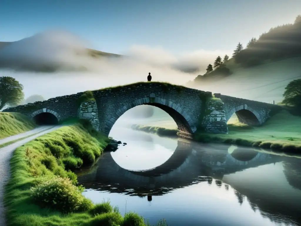 Imagen de un río en Liérganes con neblina matutina, un puente antiguo y una figura misteriosa, evocando el misterio hombre pez Liérganes realidad
