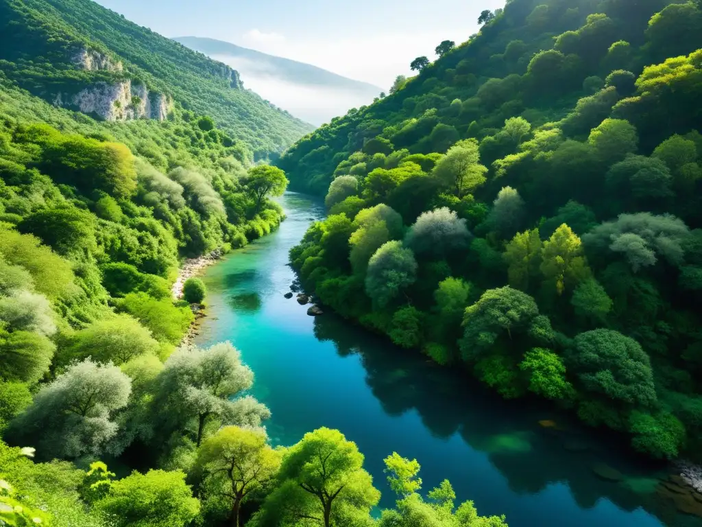 Imagen de un río sereno y soleado en un frondoso bosque mediterráneo, con antiguas piedras cubiertas de musgo en las orillas
