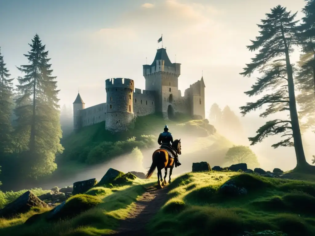 La imagen muestra las ruinas de un castillo medieval en Suecia, con un caballero negro a caballo