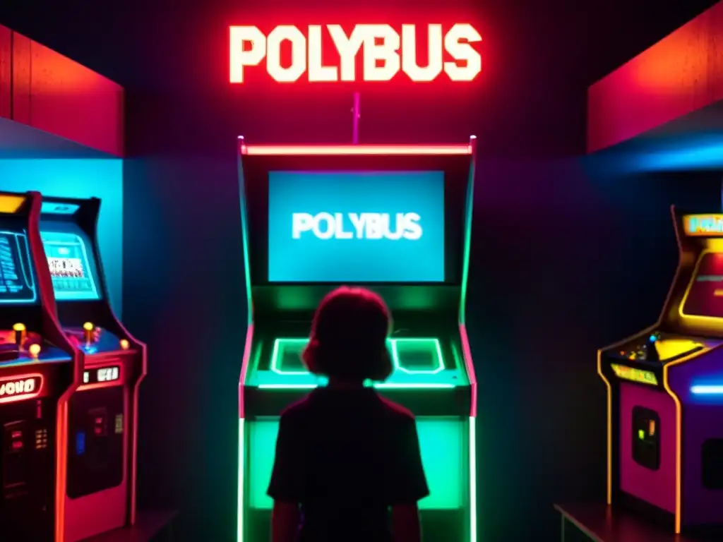En la imagen se muestra una sala de juegos arcade con luces tenues, máquinas antiguas y una figura en frente del misterioso gabinete 'Polybius'