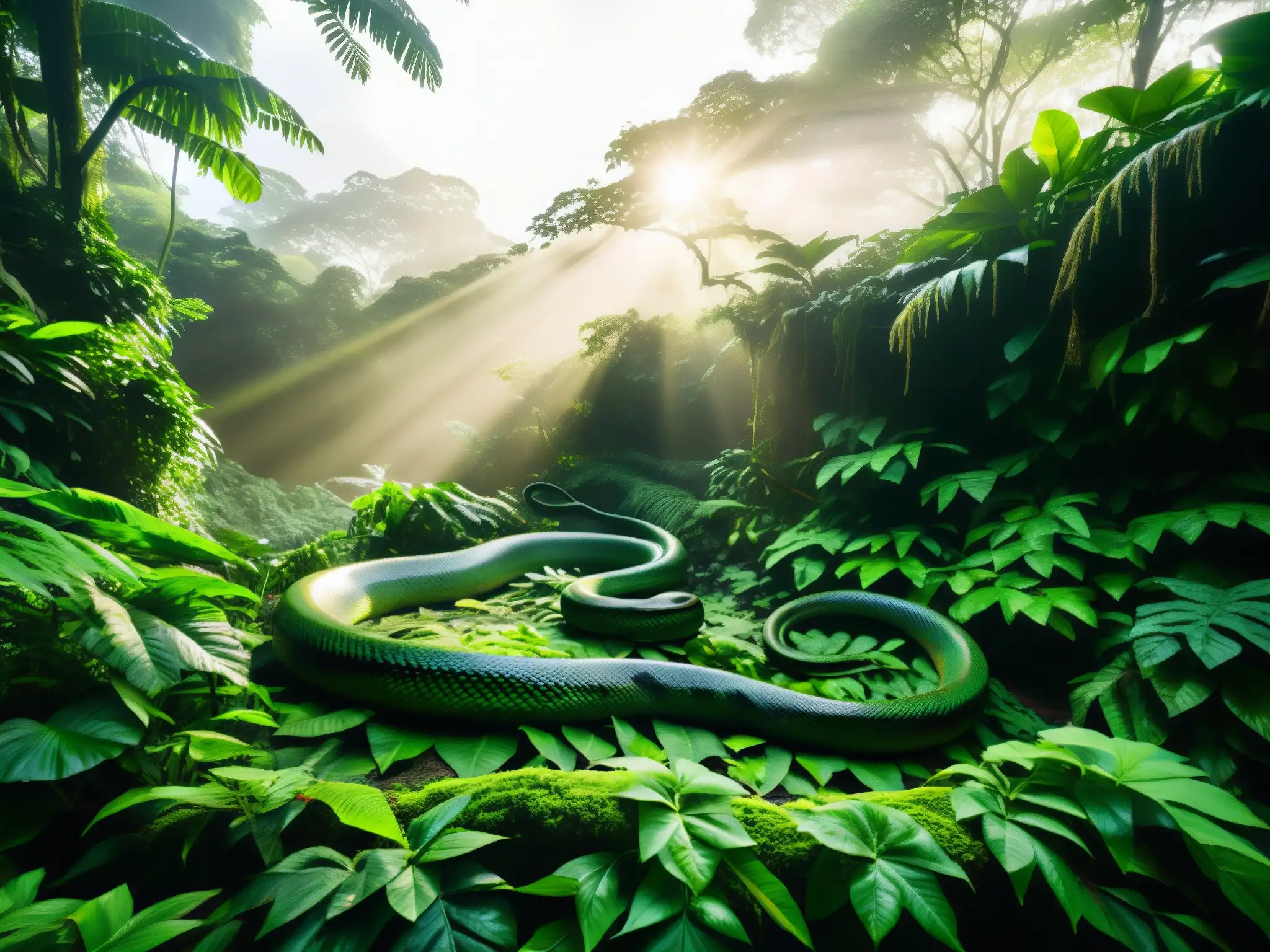 Imagen de la serpiente gigante Yacumama, oculta en la exuberante selva del Amazonas, evocando asombro y temor