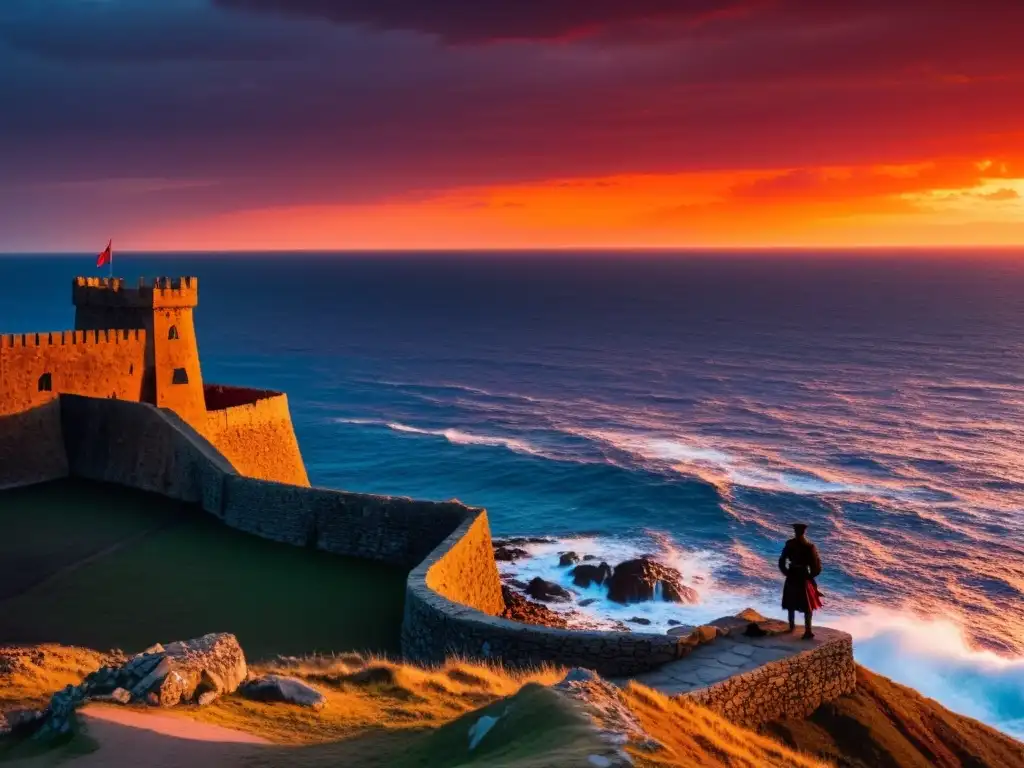 La imagen muestra la silueta del fuerte São Jorge da Mina al atardecer, con un capitán de leyenda y una atmósfera de alma perdida