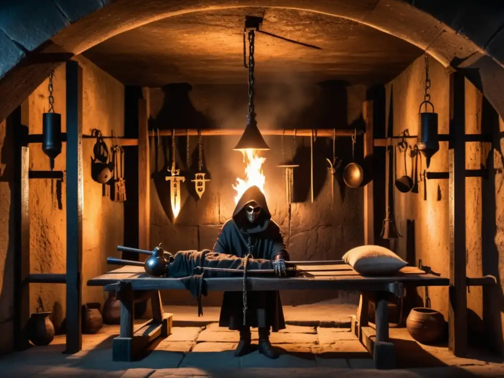 La imagen muestra una siniestra cámara de tortura medieval iluminada por antorchas, con instrumentos de tortura y figuras encapuchadas
