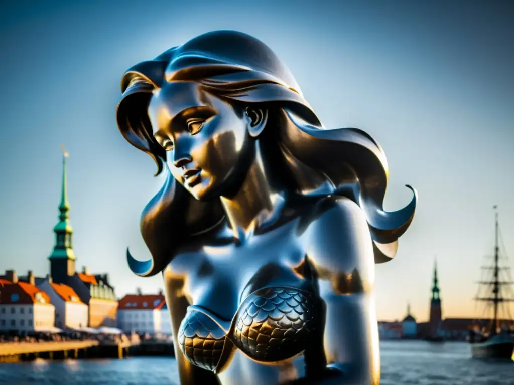 La imagen muestra la icónica estatua de la Sirena de Copenhague, con una expresión solemne mirando el agua