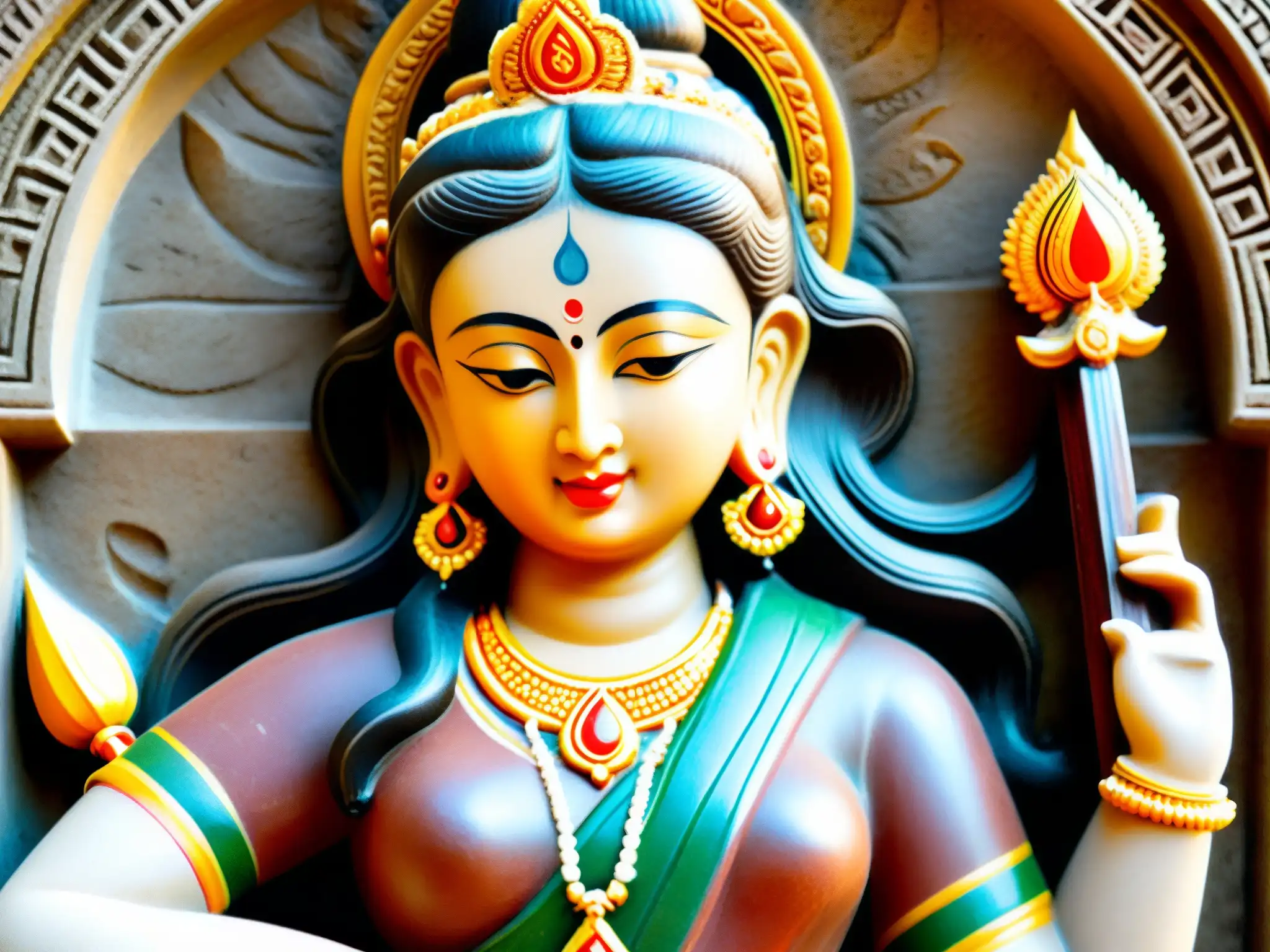 La imagen muestra una talla de la diosa hindú Saraswati, exudando sabiduría y tranquilidad