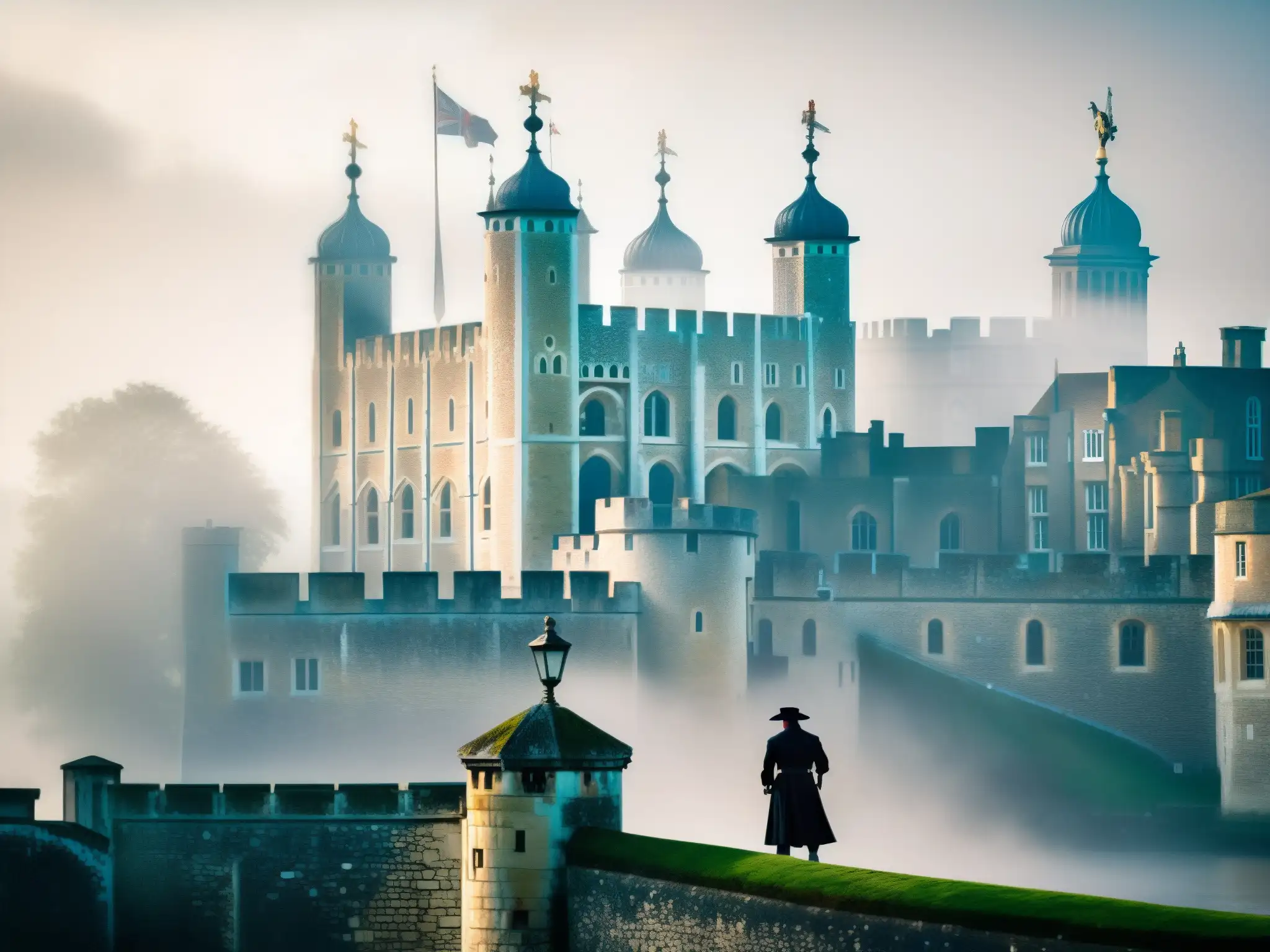 Imagen de la Torre de Londres envuelta en niebla, con la figura fantasmal de un verdugo medieval