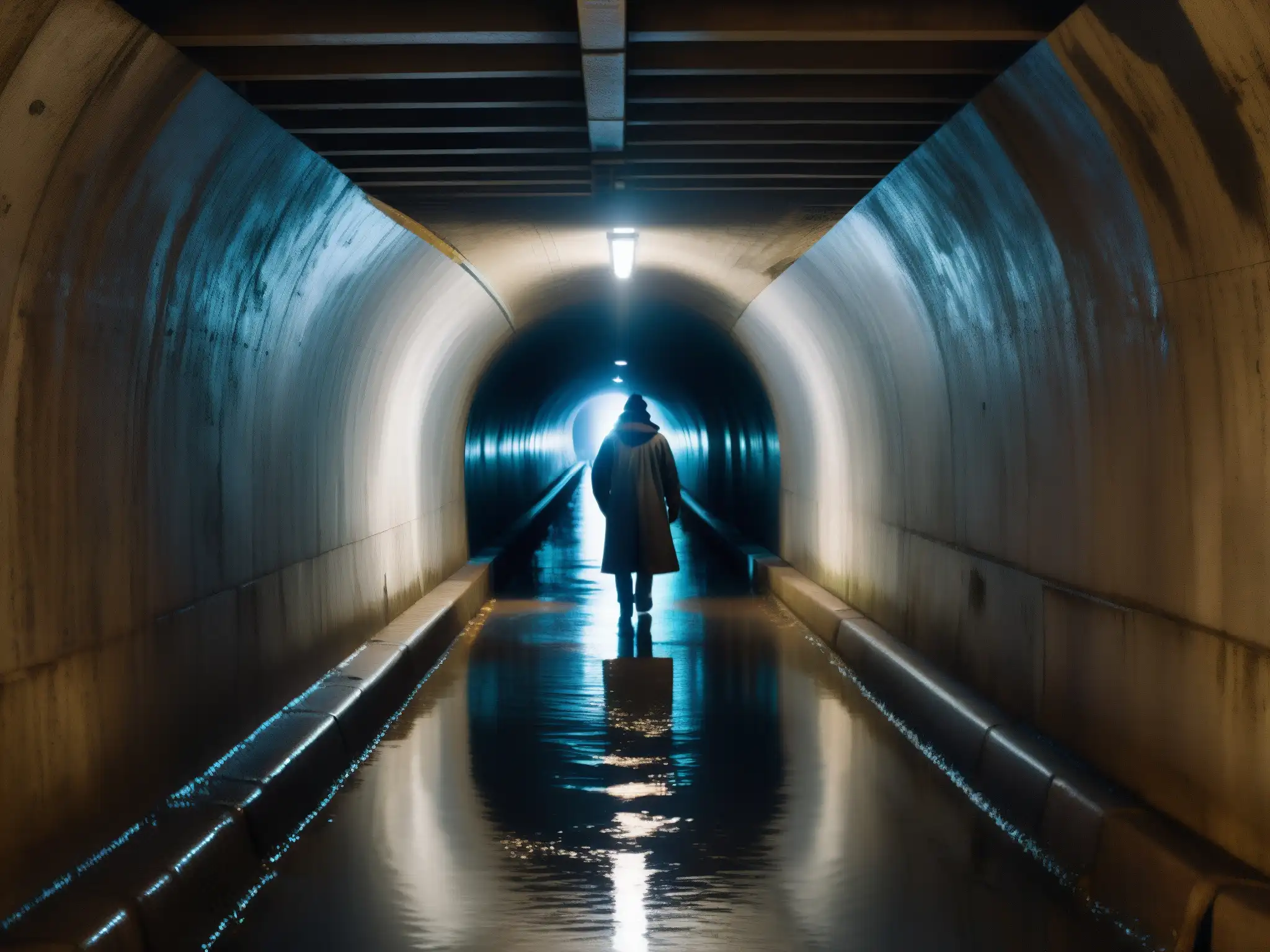 Imagen de un túnel subterráneo en Nueva York con sombras misteriosas, reflejos de luz y una figura en la distancia