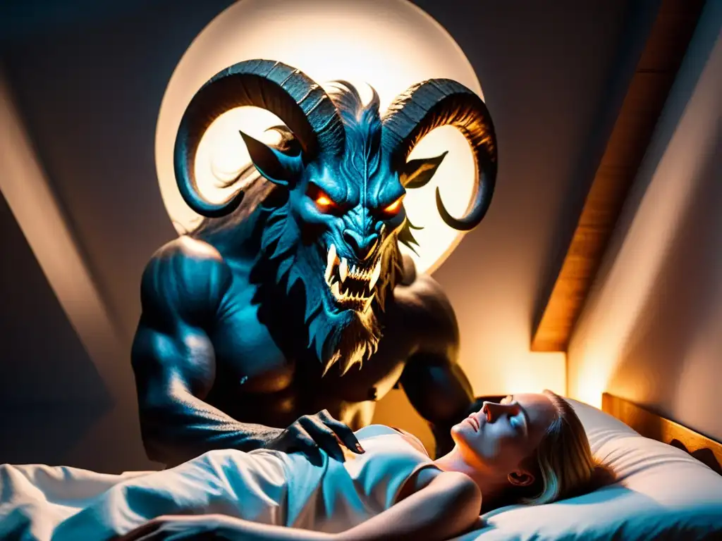 Imagen ultradetallada en 8k del demonio de la pesadilla escandinavo 'Mare' acechando a una persona dormida
