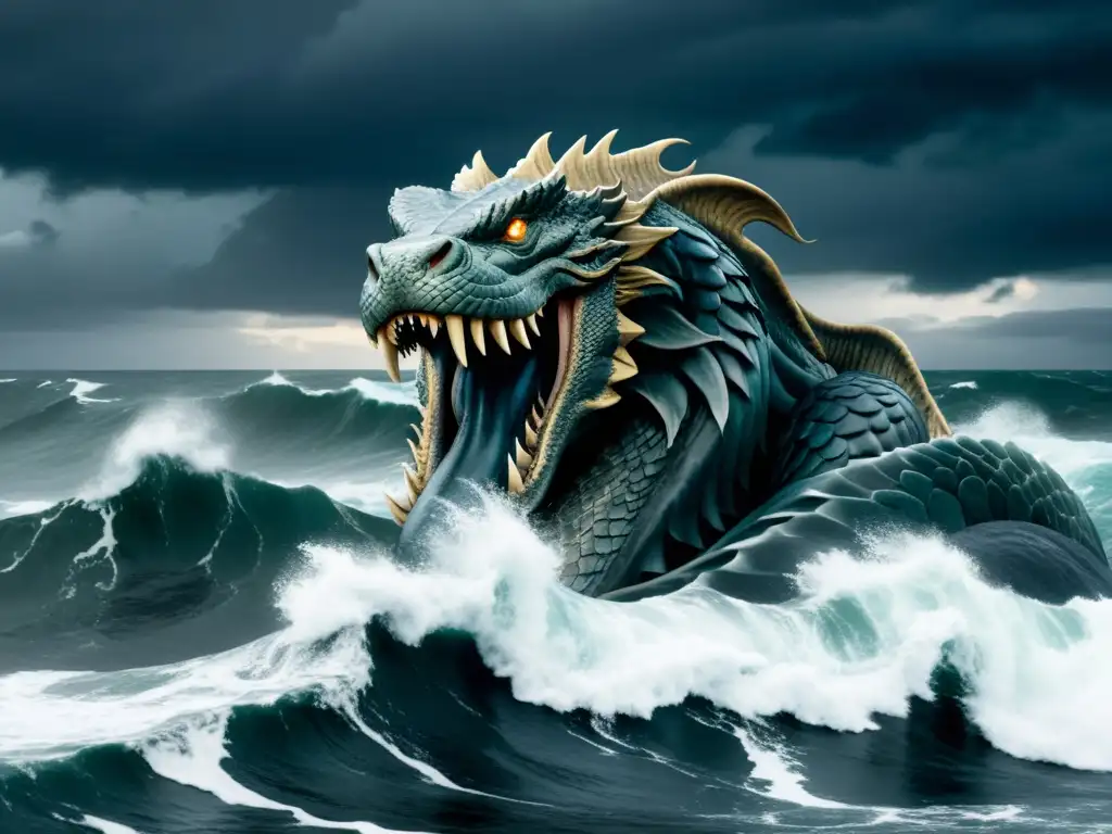 Imagen ultradetallada del mar agitado con el monstruoso Jormungandr
