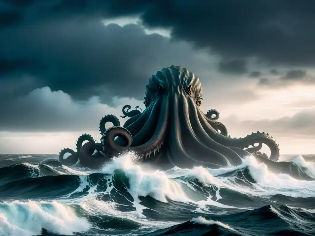 Imagen 8k ultradetallada del mar tempestuoso y oscuro con olas gigantes, envuelto en misterio