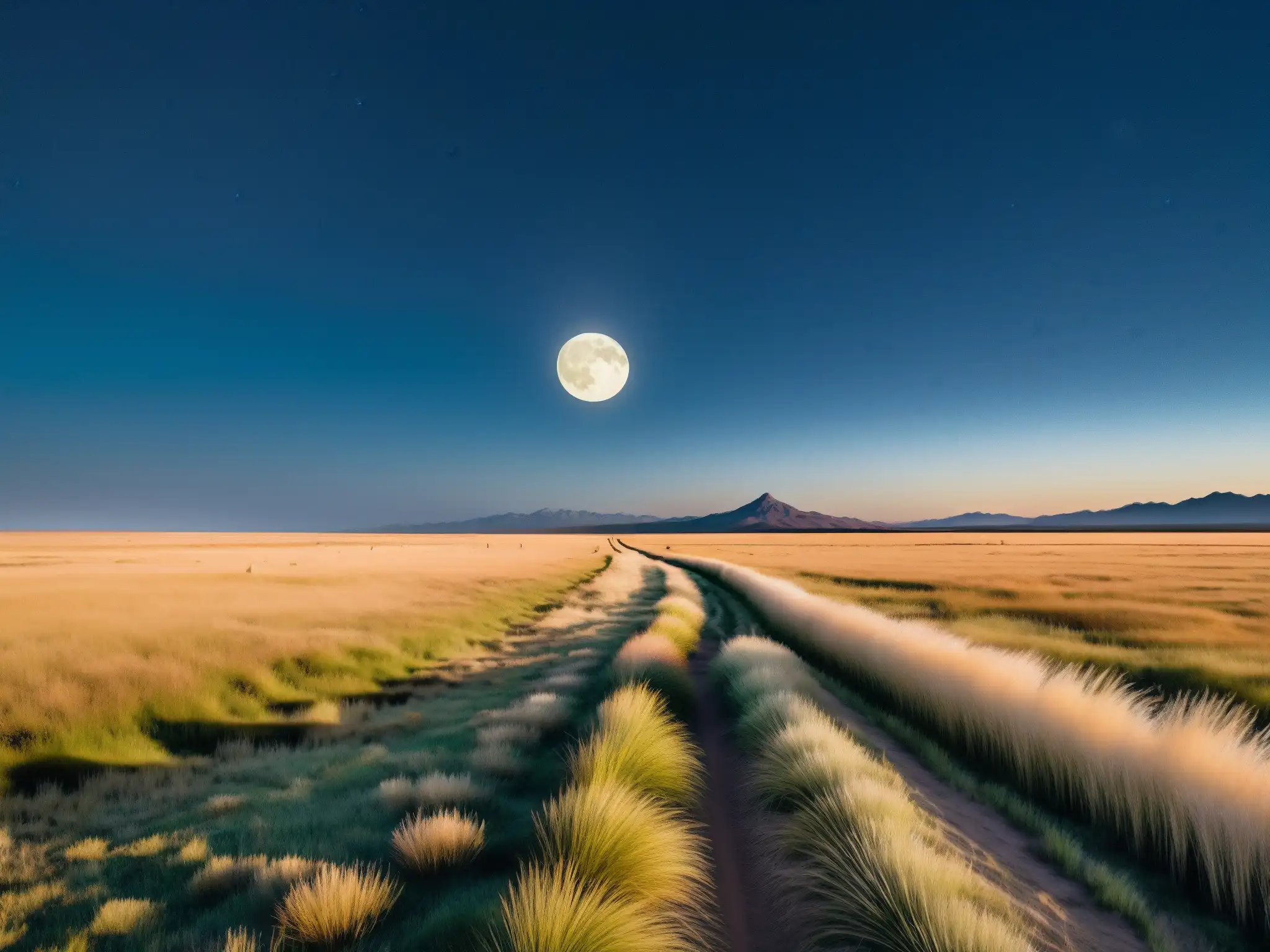 Imagen 8k de la vasta pampa argentina bajo la luz de la luna llena