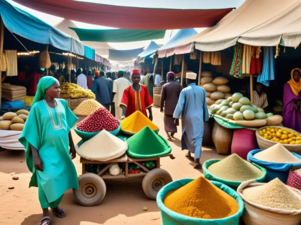 Imagen vibrante de un bullicioso mercado en N'Djamena, Chad, con colores llamativos y productos variados