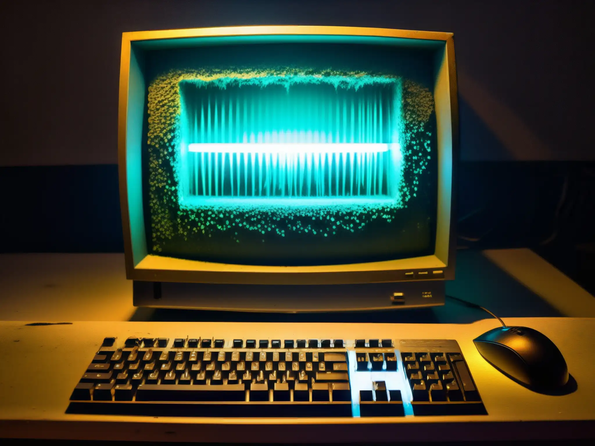 Imagen de un viejo ordenador abandonado en una habitación tenue con luces fluorescentes parpadeantes