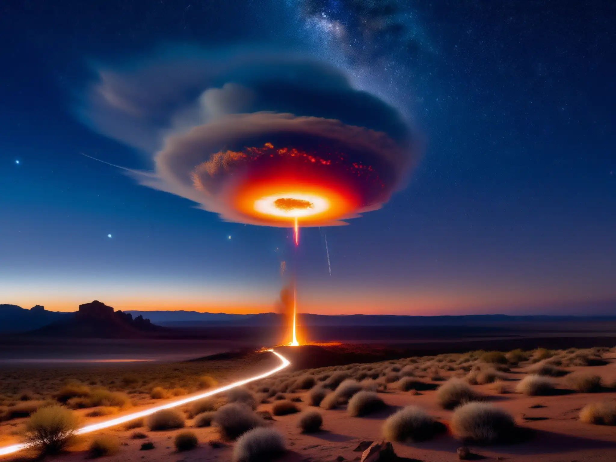 Una impactante bola de fuego cruza el cielo nocturno del desierto, creando un espectáculo paranormal y misterioso