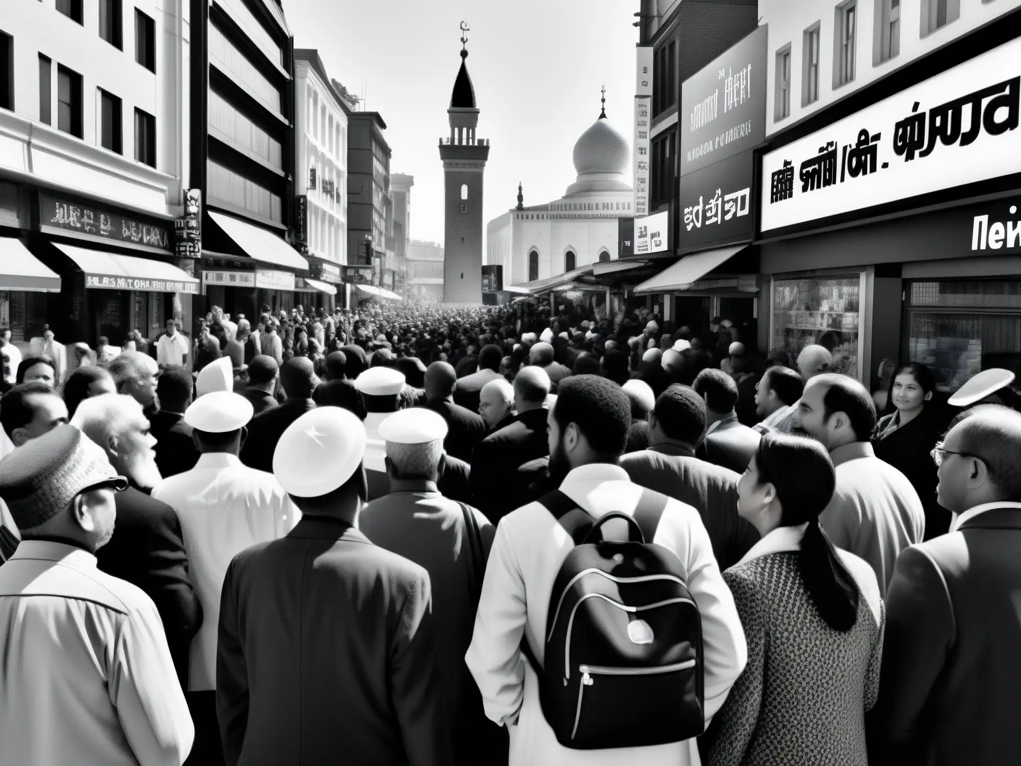 Una impactante fotografía documental en blanco y negro de una bulliciosa calle urbana, mostrando la compleja influencia de leyendas urbanas religiosas en la sociedad a través de expresiones faciales y símbolos religiosos