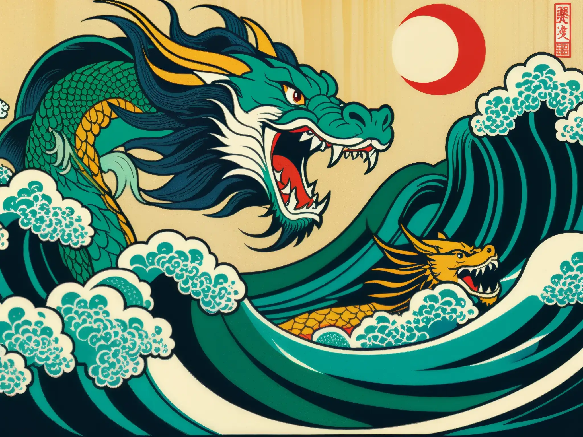 Una impactante imagen de un grabado japonés ukiyo-e que muestra los orígenes oscuros de la leyenda de la Sirena Dragón en la cultura japonesa