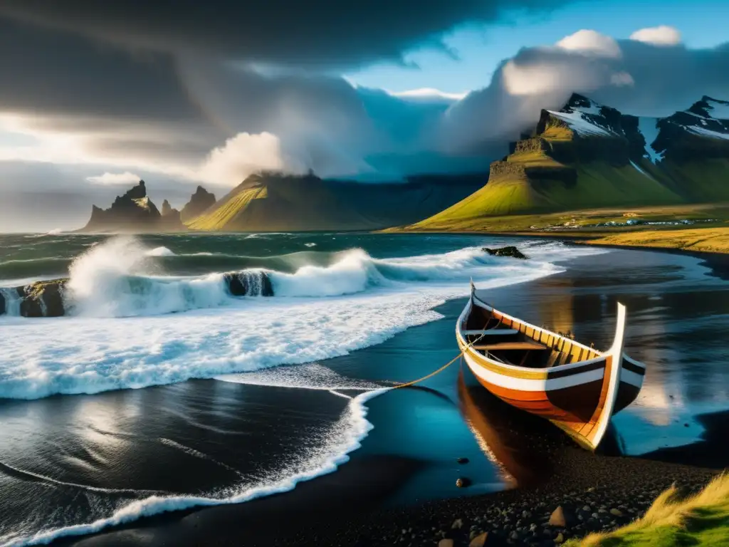 Una impactante fotografía del paisaje islandés con montañas nevadas, una costa escarpada y un barco vikingo