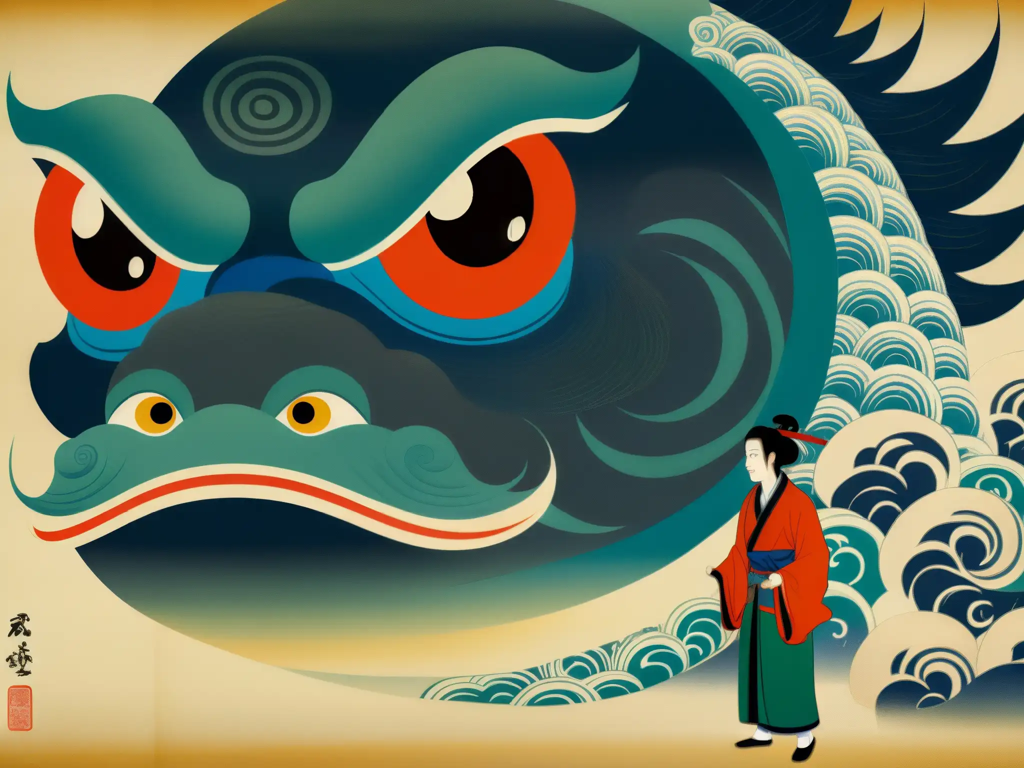 Una impactante pintura japonesa de la leyenda Shirime, con un ojo trasero y colores vibrantes, evocando la misteriosa esencia de la leyenda japonesa
