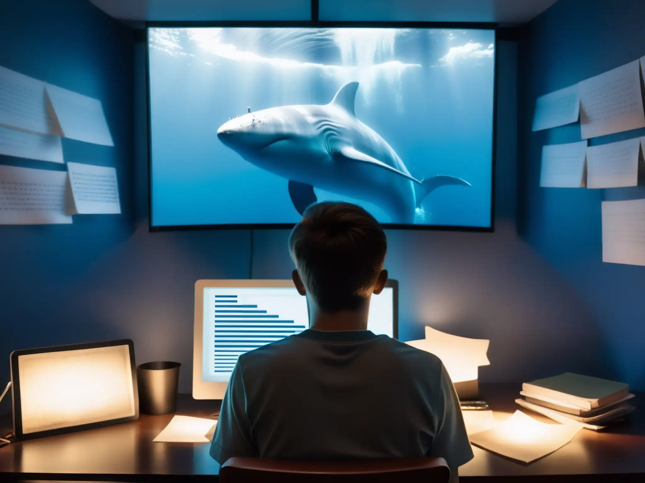 El impacto del Blue Whale Challenge: Un joven con expresión angustiada frente a la pantalla en una habitación sombría y caótica