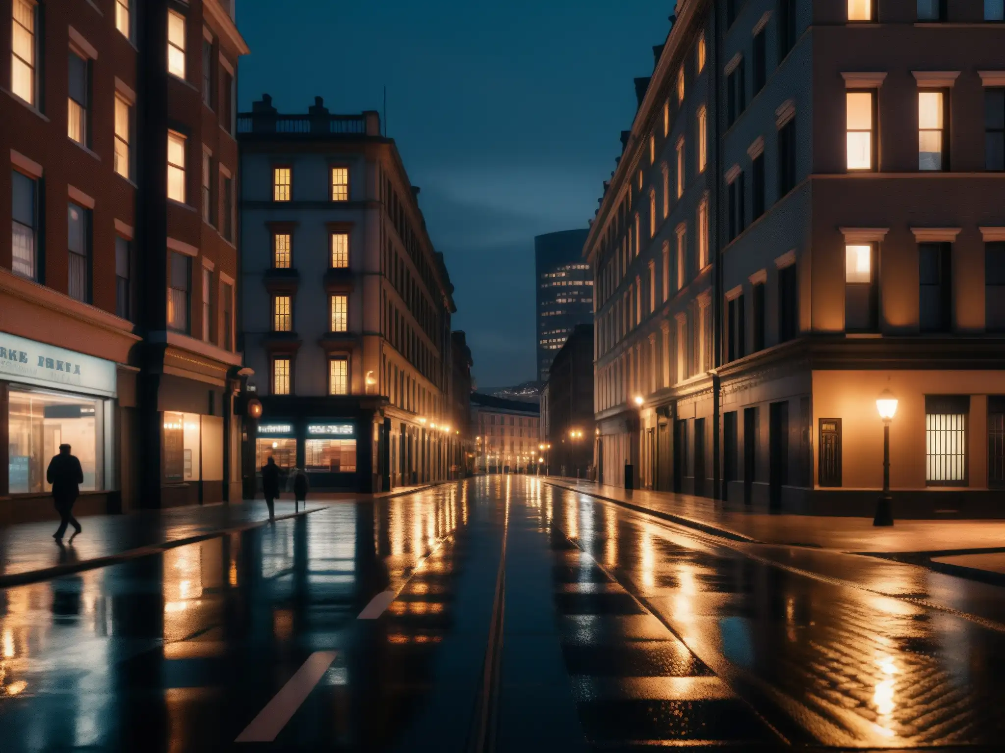 Impacto de leyendas urbanas en la seguridad: Noche en la ciudad, edificios tenues y personas distantes, creando una atmósfera misteriosa y cautelosa