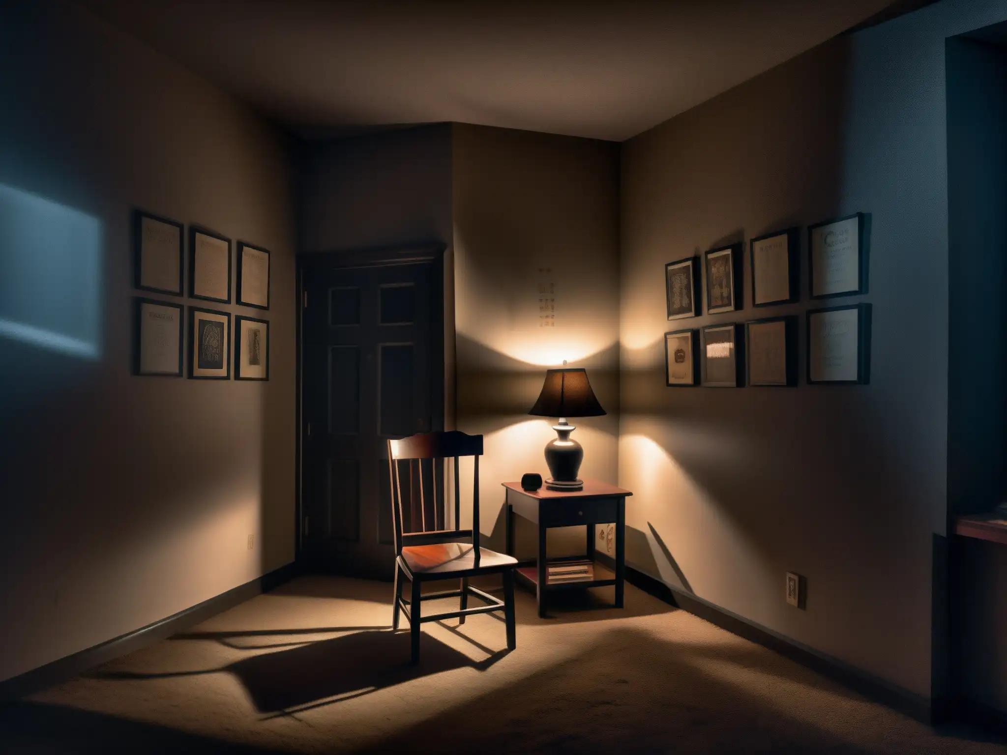 El impacto psicológico del fenómeno Creepypasta se refleja en una habitación tenebrosa con dibujos inquietantes y una silla solitaria