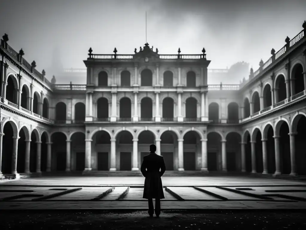 Imponente Amaniel Palace envuelto en neblina, con figura contemplativa