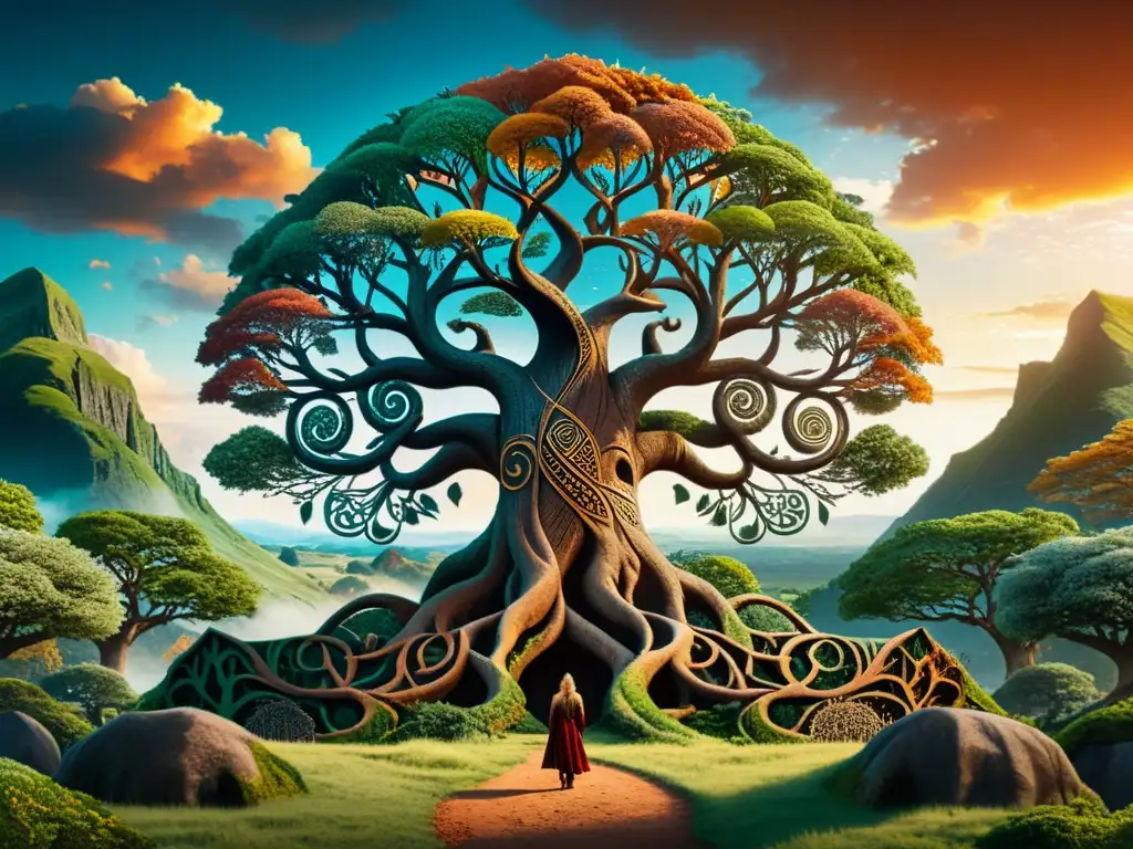 Imponente árbol de la vida nórdico, Yggdrasil, con colores vibrantes y figuras míticas en busca del elixir de la juventud nórdico
