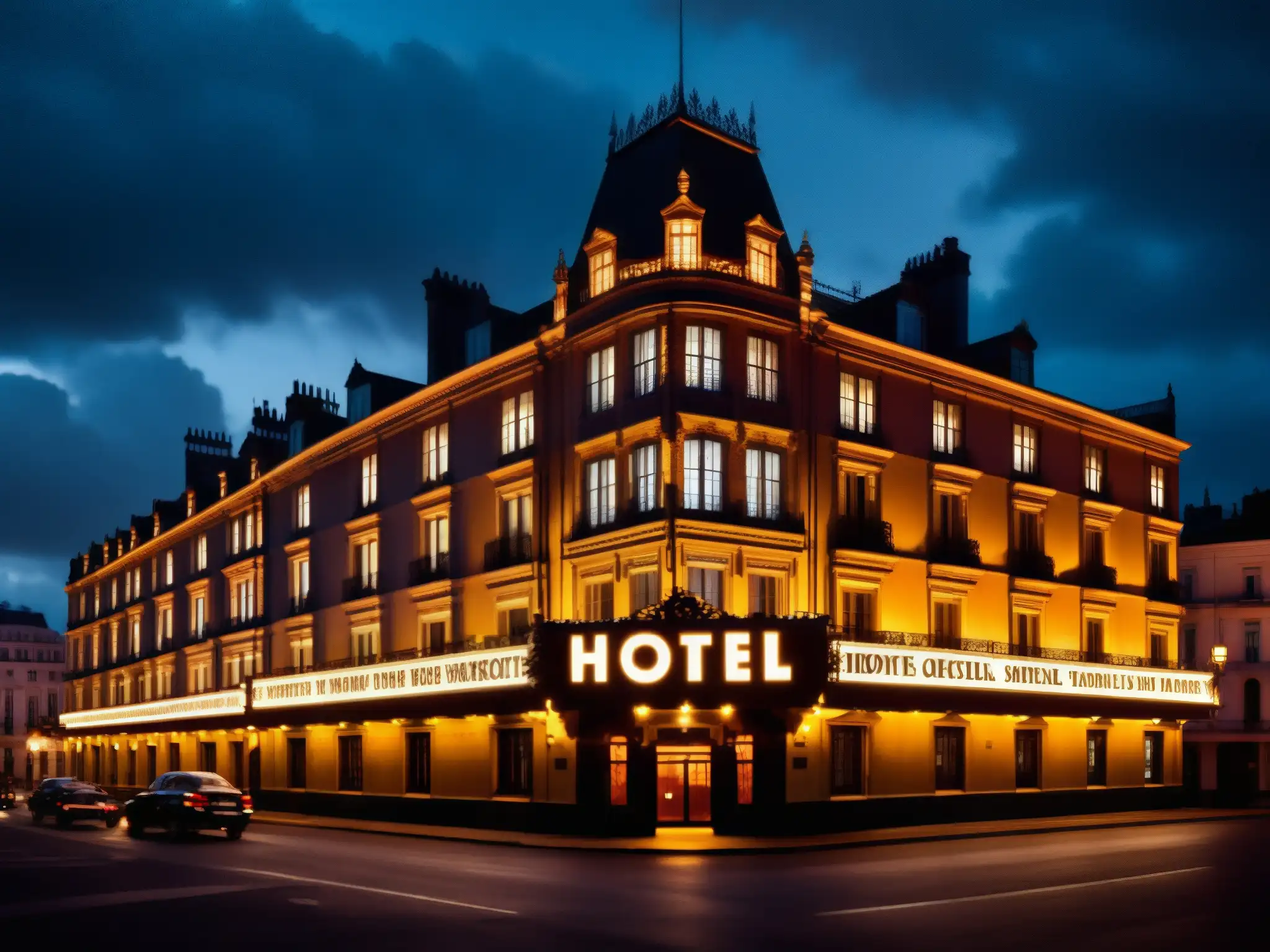 Imponente arquitectura y ambiente inquietante del Hotel Cecil, con cielo ominoso y misteriosa señal de neón
