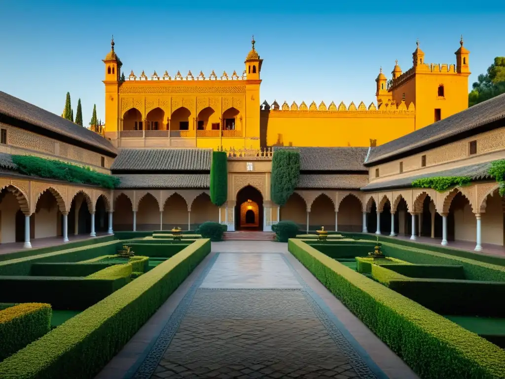 La imponente Alcázar de Sevilla al atardecer, iluminada por cálida luz dorada, revela su misterio y leyenda de fantasmas en la historia