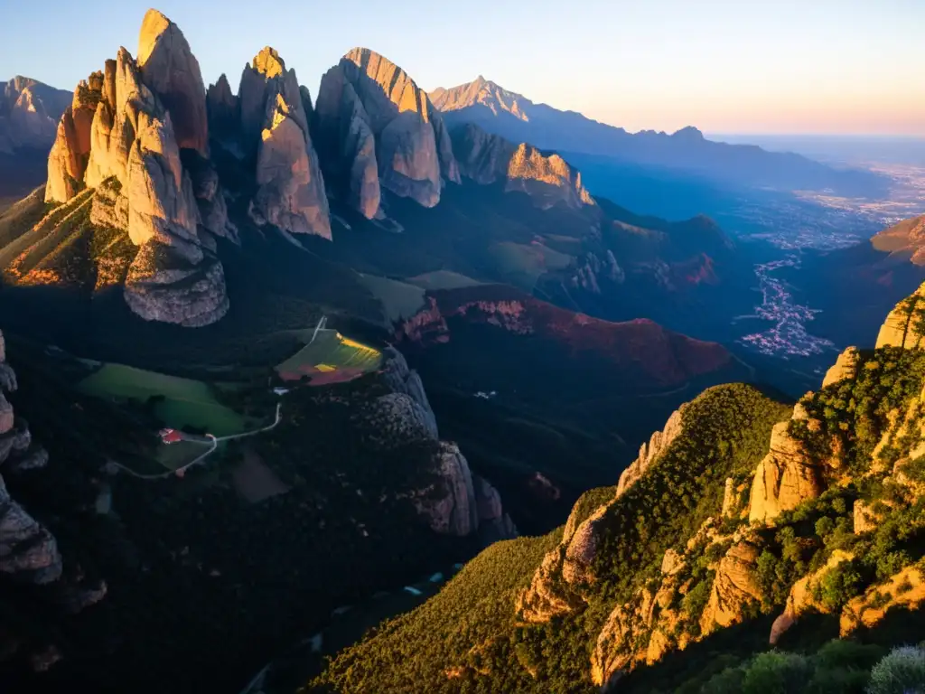 Imponente atardecer en Montserrat, Cataluña, con sus picos rocosos y sombras dramáticas, capturando la magia de mitos y leyendas urbanas