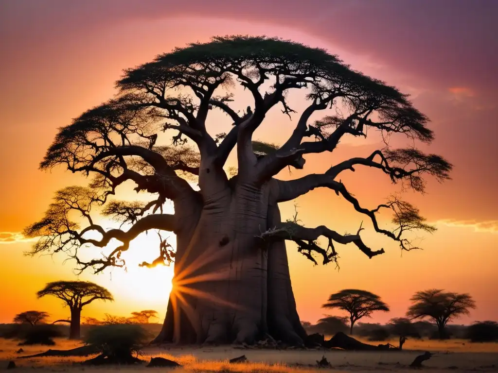 El imponente baobab al atardecer, con símbolos tallados en su tronco, contrasta con la misteriosa oscuridad