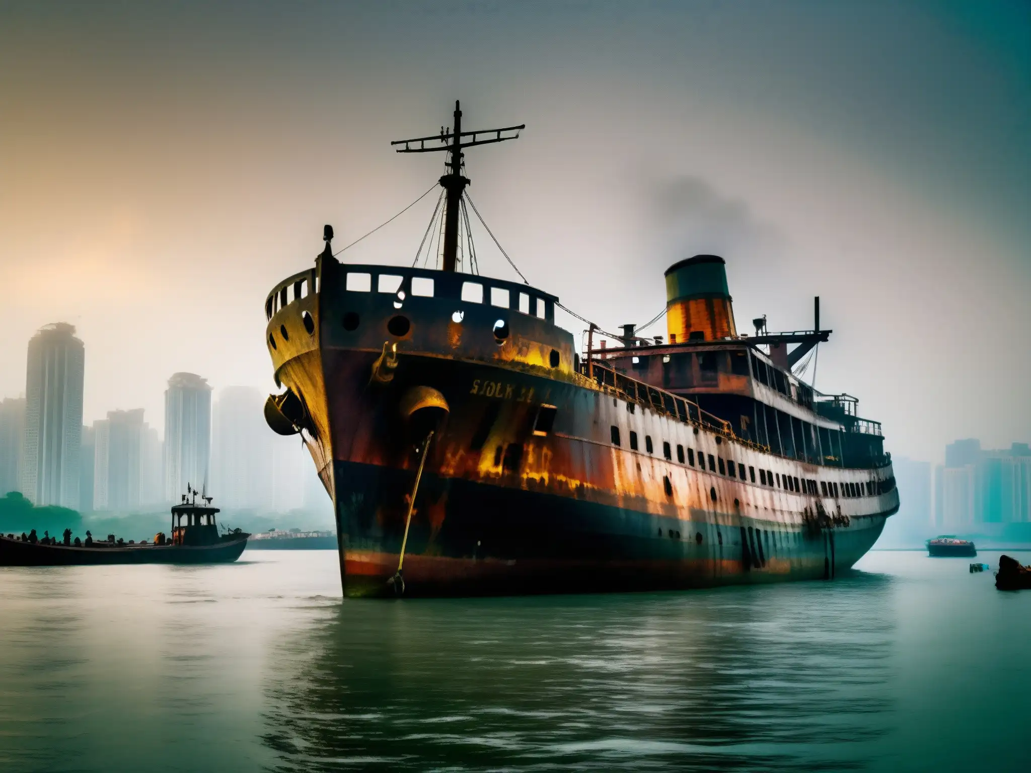 Imponente barco fantasma en el neblinoso puerto de Mumbai