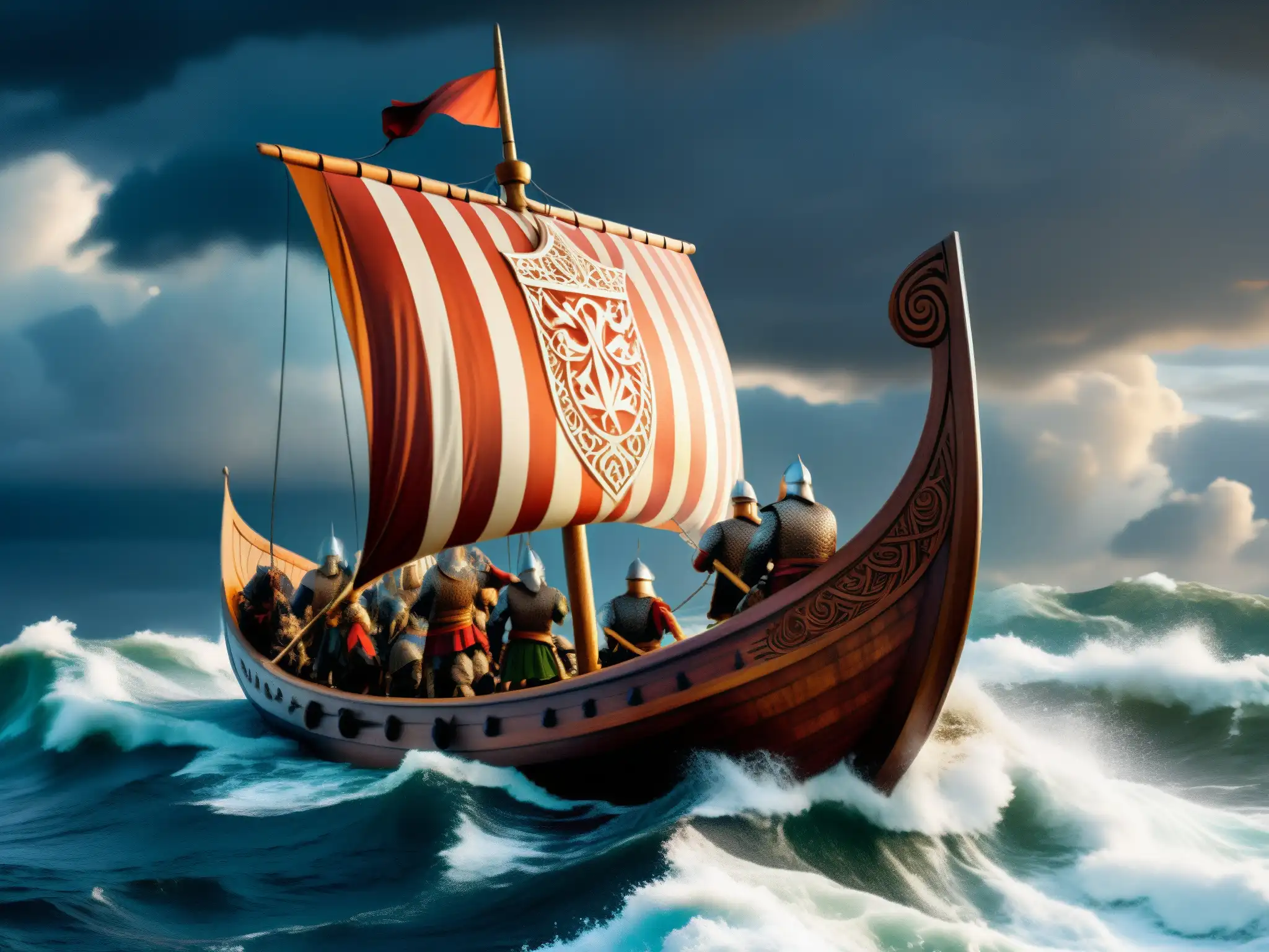 Un imponente barco vikingo surca aguas turbulentas con guerreros listos para la batalla