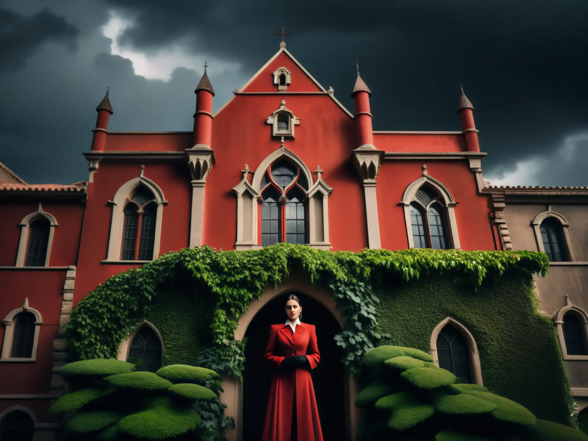 La imponente Casa Roja se yergue bajo un cielo sombrío, con arquitectura gótica y enredaderas, evocando al Fantasma del Británico en la Casa Roja