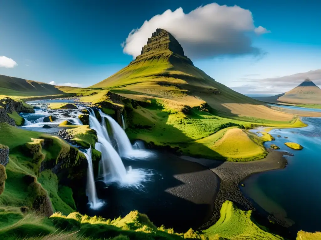Imponente montaña Kirkjufell en Islandia, con cascada y exuberante vegetación