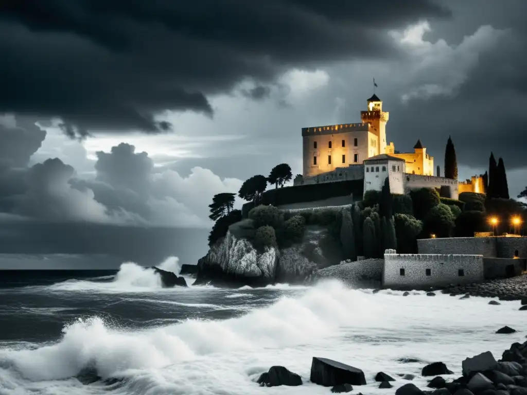 Imponente Castello di Miramare en blanco y negro, envuelto en misterio bajo un cielo tormentoso