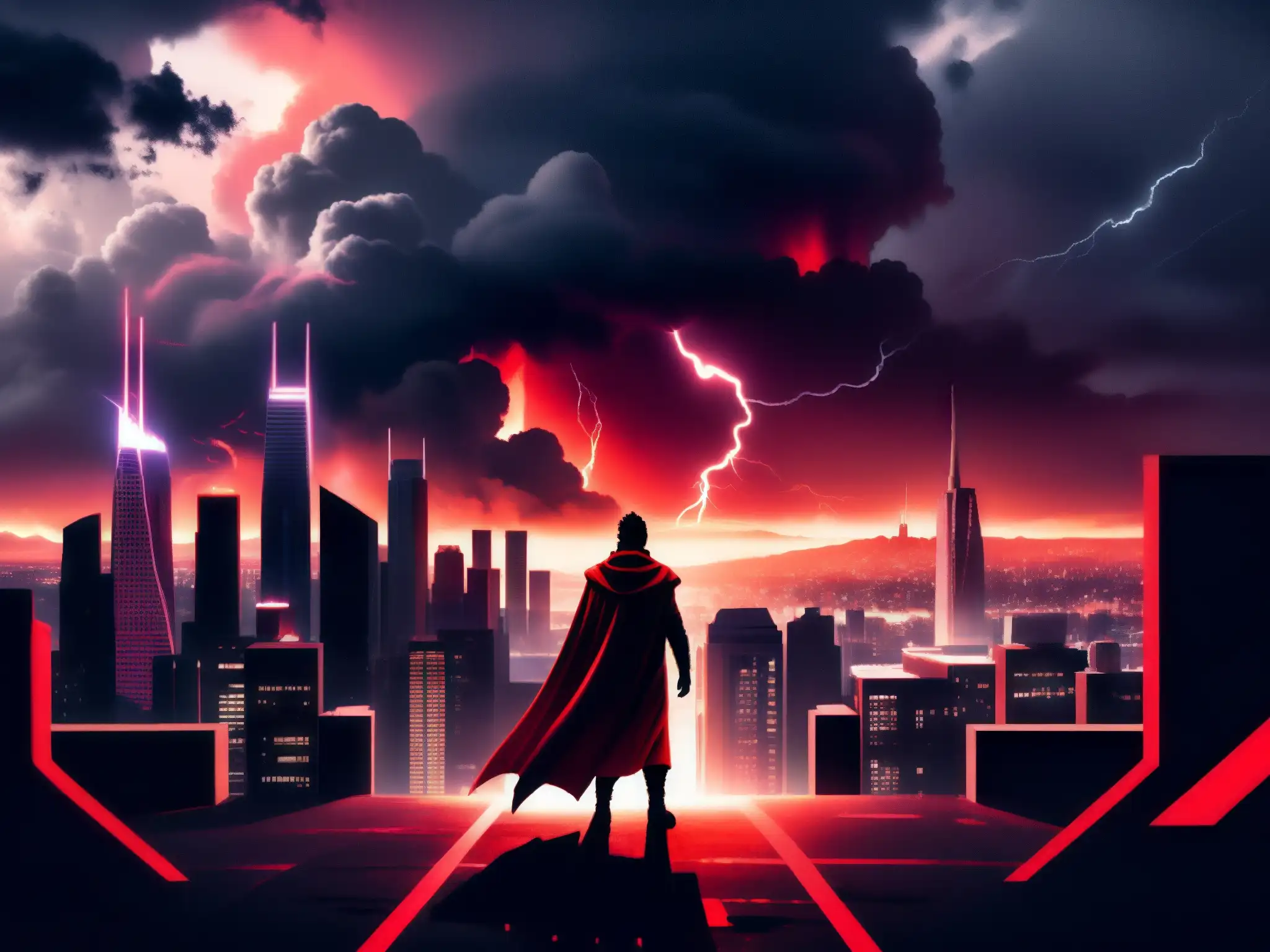 Imponente ciudad futurista envuelta en un ominoso resplandor rojo, con relámpagos y nubes turbulentas