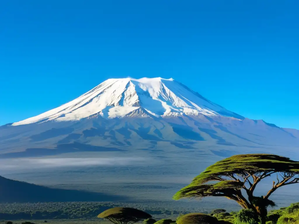 Imponente cumbre nevada del Kilimanjaro sobre un cielo azul, rodeada de nubes