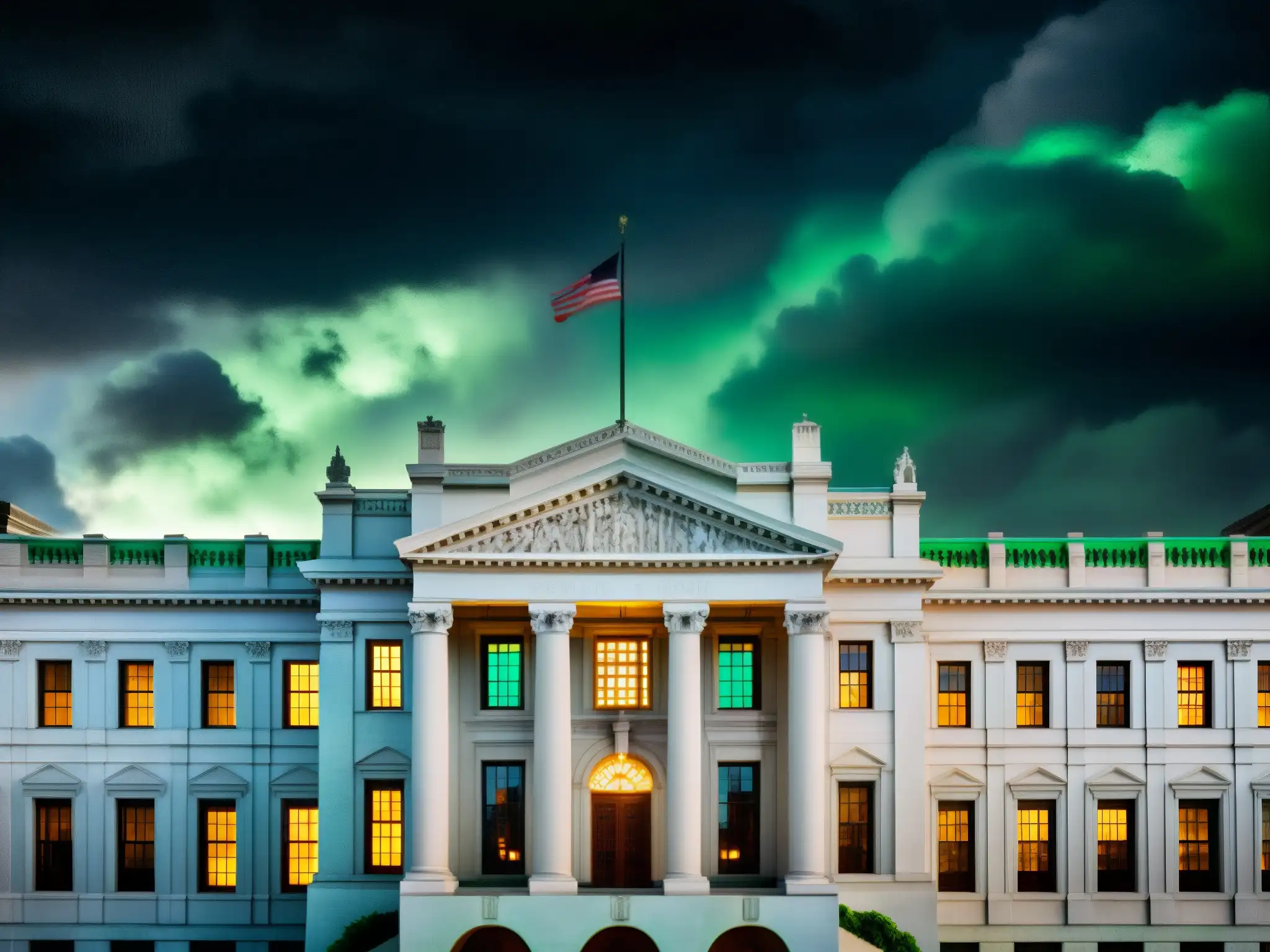 Imponente edificio gubernamental iluminado por una misteriosa luz verde, rodeado de nubes tormentosas