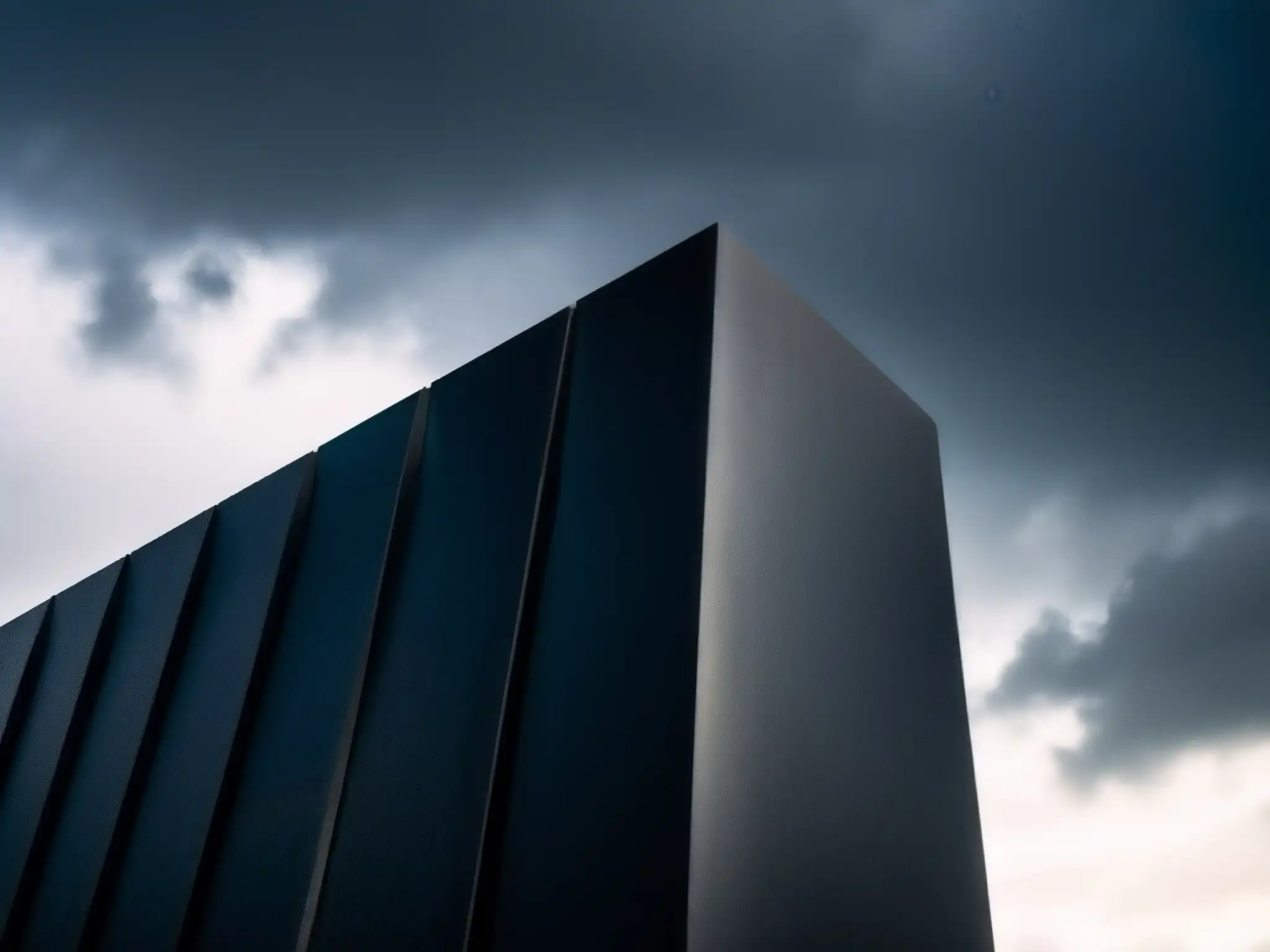 Imponente exterior de La Casa de los Tubos Oscuros, moderno diseño arquitectónico en contraste con el cielo tormentoso y misterioso