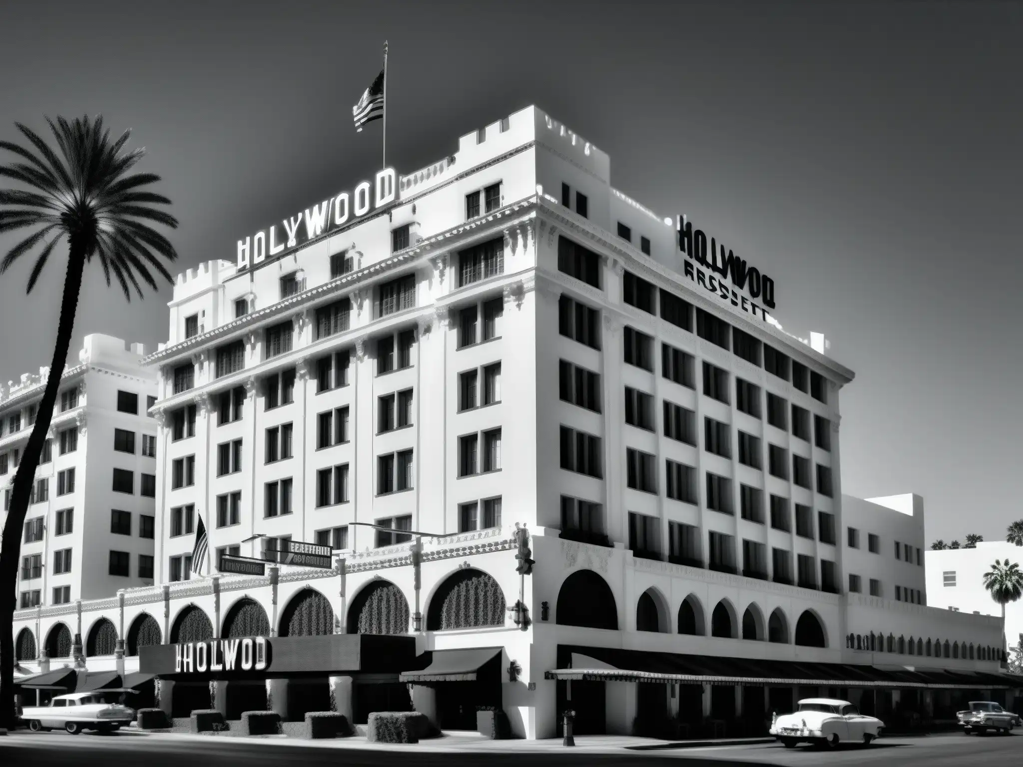 Imponente fachada del Hotel Hollywood Roosevelt en blanco y negro, con misterio y encanto en las calles de Hollywood