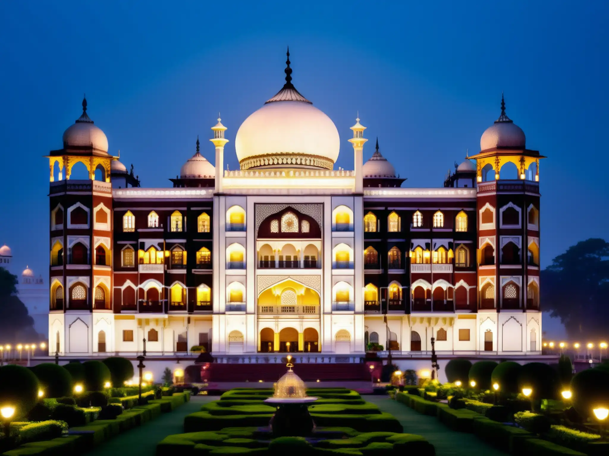 Imponente fachada del Hotel Taj Mahal Palace, iluminada por luces doradas en una noche brumosa, evocando elegancia y misterio